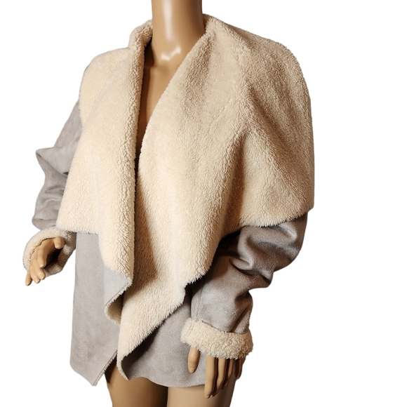 Lauren Ralph Lauren faux suede sherpa open front drape cozy jacket cardigan L - Picture 8 of 17